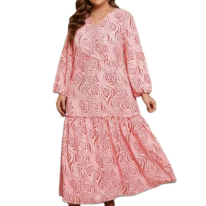 Vestido de talla grande con estampado dorado y cuello en V de manga larga con cinturón, vestido largo bohemio informal de vacaciones para mujer para primavera y otoño - Product Image 1