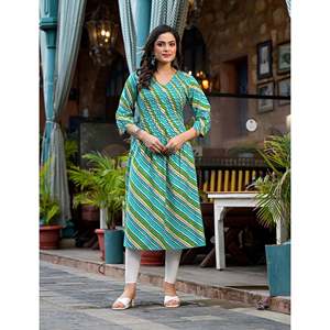 Kurti Droit en Coton Vert Lehariya pour Femme, Ensemble Salwar Ethnique Indien Imprimé à la Main, Tenue de Soirée Moderne, Dernière Collection Cousue - Product Image 1