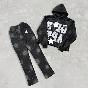 Vente en gros Fabricant personnalisé Sweat à capuche surdimensionné brut ourlet lavé à l'acide Boxy Streetwear French Terry Sun Faded Rhinestone - Product Image 1