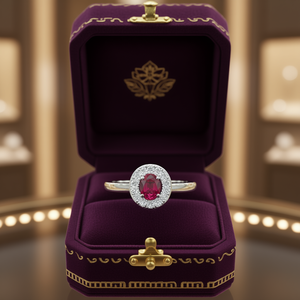 Anello di Fidanzamento Classico in Argento Sterling 925 con Rubino Naturale Taglio Ovale 5x4 e Halo di Topazio Bianco, Incastonatura a Pavé - Product Image 3