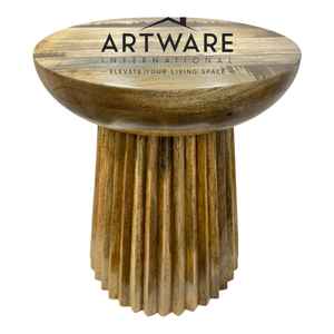 Contemporary Ribbed <b>Wooden</b> MARBLE <b>Side</b> <b>Table</b> Unique Round Top Accent Stylish Rustic Design Ideal for Living Room Decor Furniture - Product Image 3