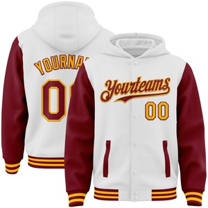 Vente en gros dans l'industrie directe, blouson d'hiver décontracté personnalisé blanc rouge-marine, veste à capuche bicolore Varsity Letterman à snap complet - Product Image 2