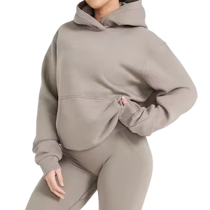 Nueva llegada OEM 100% algodón tejido de manga larga Mujer pulóver de gran tamaño con capucha invierno Color sólido tamaño personalizado logotipo frontal - Product Image 2