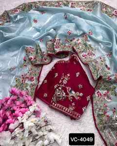 Party Wear Saree with Beautiful Embroidery Threads Codding and <b>Sequence</b> Work Fancy Heavy Jimmi Cho Saree with Blouse Pieces - Product Image 6