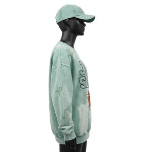 Sweat-shirt oversize en molleton de haute qualité, coton et polyester, lavage à l'acide, vert menthe, logo en chenille avec strass, sweat-shirts basiques pour femmes - Product Image 3