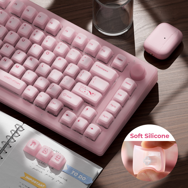 XVX Keycaps Cat Pink Translucent Silicone Keycaps Cherry Profile Keycaps Set 113-Key English Language for Mechanical Keyboard