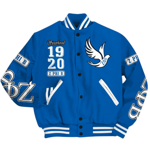 Zeta Phi Beta 1920 Blue <b>White</b> ZPB Sorority Varsity Letterman Jacket Greek Life Chenille Patch Founders Edition - Product Image 4
