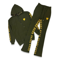 Conjunto Deportivo Personalizado con Logotipo, Sudadera con Capucha y Cremallera con Estampado Puff y Efecto Desgastado por el Sol, Pantalones Deportivos Acampanados, Ropa Importada de India