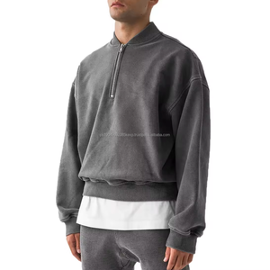 Sudadera de Corte Cuadrado para Hombre, con Cierre de Cremallera de un Cuarto, Estilo Vintage Lavado, con Capucha de Felpa, Hombros Caídos y Corte Recortado - Product Image 2