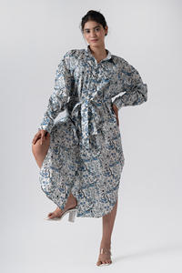 Vestido Floral ecológico de verano para mujer, azul abeto, bloque de mano, estampado plisado, técnica 100% algodón, cómodo, transpirable - Product Image 4