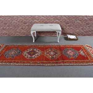 Alfombra Turca de 2.8x9.5 pies, Alfombra Ikat Roja Vintage - Product Image 3