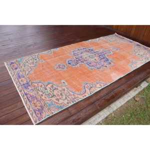 Alfombra Turca de 4.2x9 pies, Alfombra Vintage, Alfombra Marroquí de Lana Naranja y Azul - Product Image 2
