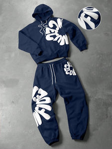 ชุดเซ็ตเสื้อฮู้ดแขนยาวพิมพ์ลายตัวอักษรและกางเกงขายาวเอวยางยืดสำหรับผู้ชาย ชุดวอร์มผู้ชาย ชุดจ็อกเกอร์ผู้ชาย - Product Image 1