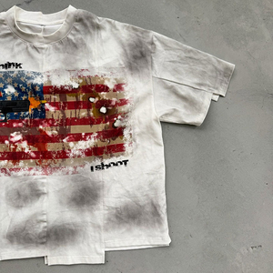 T-shirt en coton épais personnalisé pour hommes été Vintage lavage au soleil avec sérigraphie et design graphique épissé asymétrique - Product Image 4