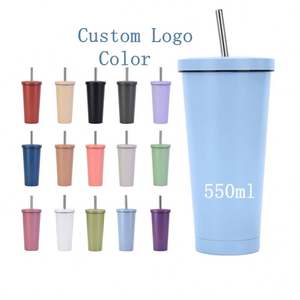 Taza de café térmica de acero inoxidable de doble pared estilo americano personalizada al por mayor de 550 ml con pajita metálica - Product Image 1