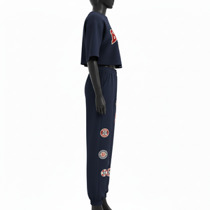 Ensemble haut court et pantalon de jogging en molleton de coton et polyester 320 GSM de haute qualité, bleu marine, avec logo personnalisé, pour femme - Product Image 5