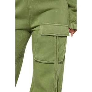 Conjunto de Sudadera Corta con Lavado Ácido Verde Salvia y Pantalones Cargo de Pierna Ancha, 100% Algodón, Ropa de Calle Acogedora para Invierno - Product Image 3
