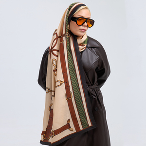 Heritage Equestrian Belt Chain Motif Classic <b>Silk</b> Wool Long Casual Shawl Hand Rolled Hem Luxury Winter Warm Pashmina - Product Image 4