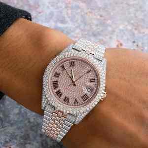 Reloj Analógico de Acero Inoxidable con Incrustaciones de Diamantes de Moissanita en Dos Tonos Oro Rosa de Alta Calidad, Números Romanos, Clásico, Moderno y Lujoso - Product Image 4