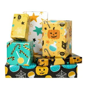 Rollo de papel para envolver regalos de Halloween, hoja plana con dibujos festivos de Halloween, calabaza, tipos de regalo de cumpleaños, venta al por mayor