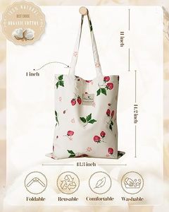 กระเป๋าผ้าฝ้ายสะพายไหล่แบบนำกลับมาใช้ใหม่ได้สำหรับผู้หญิงกระเป๋าผ้าใบใส่เข้ายิมลายดอกไม้ดีไซน์หัวเข็มขัดดอกไม้สตรอเบอร์รี่ - Product Image 2