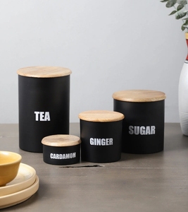 ภาชนะขิงและกระวานชาโลหะสีดำพร้อมฝาไม้ชุดเก็บอาหาร4ชิ้นของตกแต่งห้องครัวแบบชนบท - Product Image 3