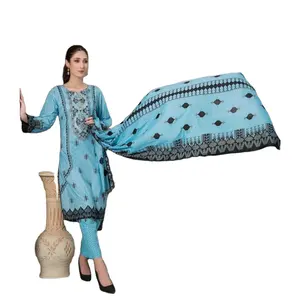 时装设计师巴基斯坦和印度草坪三件套女士刺绣套装