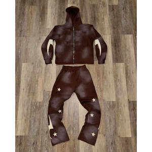 Conjunto de Sudadera con Capucha y Pantalones de Chándal Personalizados con Borde Cortado, Estilo Casual Holgado, con Parches Bordados Desgastados y Apliques, de Felpa de Rizo con Efecto Desgastado por el Sol - Product Image 5