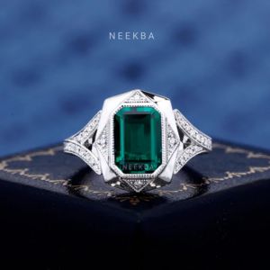 Anillo de oro blanco sólido de 14K con forma de Esmeralda cultivada en laboratorio, anillo de oro con piedra de nacimiento de mayo, tono de Metal personalizado/pureza disponible - Product Image 5