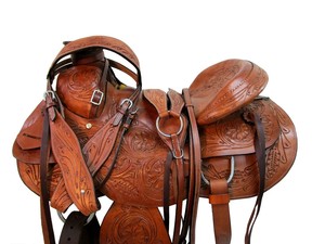 Selle de cheval western en cuir de vache sculptée à la main, selle d'équitation en cuir marron pour l'entraînement à la ferme - Product Image 3