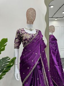 Sari de Satén Fandy con Diseño Exclusivo y Elegante Blusa, Estilo Étnico Moderno, Última Moda India, Ropa de Fiesta Modesta para Mujer - Product Image 2