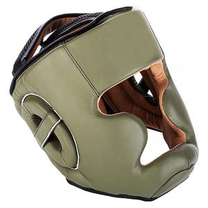 Logotipo personalizado MMA Head Guard Khaki Black Boxing Cascos para Thai Kickboxing Taekwondo Fight Combat Protección facial Hecho de cuero - Product Image 1