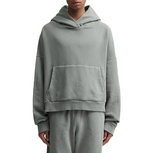 Top muesca hombres 100% algodón de gran tamaño gota hombro Streetwear peso pesado pulóver en blanco Vintage lavado hombres Crop Hoodie - Product Image 1