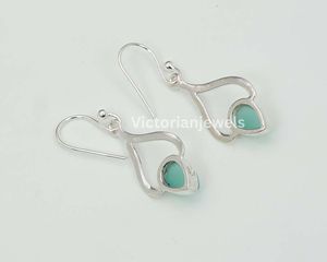 925 <b>Solid</b> Sterling <b>Silver</b> May Birthstone <b>Earrings</b> Aqua Chalcedony Pear Shape Hook Charm <b>Earrings</b> - Product Image 4