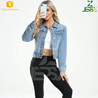 Veste Courte en Jean Boutonnée Unie à Manches Longues pour Femme, 100% Coton Respirant Léger, Vêtement d'Extérieur Hiver Tissé Bleu