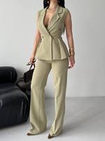 Ensemble tailleur pantalon femme vert olive à manches courtes, col cranté, coupe ample, avec pantalon large à taille peplum, style bureau, couleur unie, collection printemps