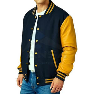 Veste universitaire personnalisée pour hommes, manches en cuir, corps en laine mélangée, coupe élastique côtelée, chaude et légère, bleu marine doré - Product Image 4