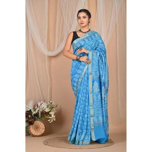 Sari de Seda Maheshwari Hecho a Mano con Estampado de Bloques y Diseño Floral, Silueta Recta - Product Image 1