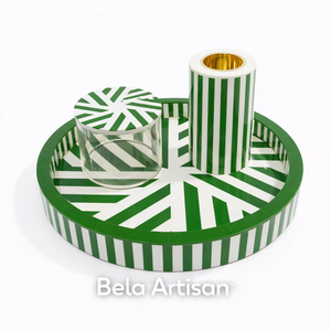 Juego de quemador de vela con incrustaciones de hueso rayado verde hecho a mano bandeja decorativa redonda incluida - Product Image 1