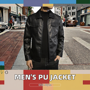 Chaqueta de Cuero PU para Hombre, Negra, de Cuero Sintético Suave, Estilo Motociclista, con Cuello Alto y Bolsillos - Product Image 3