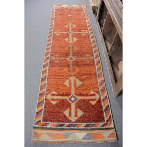 3x10.3 ft <b>Rug</b>, Turkish Vintage <b>Runner</b> <b>Rug</b>, Orange Herki Wool <b>Rug</b> - Product Image 1