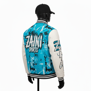 Veste universitaire en laine mélangée de qualité supérieure 400GSM avec manches en cuir PU, panneaux bleus et blancs, broderie personnalisée, veste universitaire pour hommes - Product Image 3