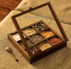 Caja Masala de mesa de madera hecha a mano, estética rústica, ideal para almacenamiento de especias de cocina, hecha de madera pura Sheesham - Product Image 1