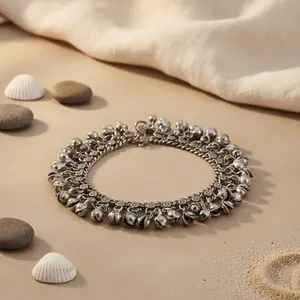 Tobillera de Plata 925 Oxidada para Mujer, Chapado en Oro de 18K, Joyería Étnica con Cristales de Diamante, Campana, Mariposa - Product Image 2