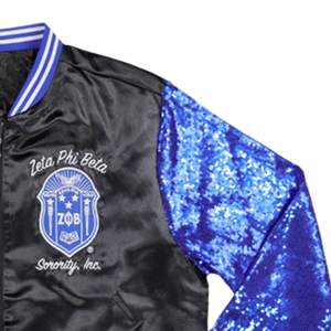 Zeta Phi Beta Sorority Sequin Jacket Noir Bleu 1920 Greek Life Apparel Broderie personnalisée ZPB Glitter Varsity Bomber Party Wear - Product Image 3