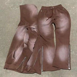 2025 nueva llegada personalizado lavado Vintage bordado sol se desvaneció cremallera completa chándales sudaderas con capucha hombres pantalones de chándal acampanados conjunto con capucha - Product Image 2