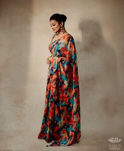 Sari de Satén de Diseño Indio Bollywood, Exclusivo Sari Étnico para Bodas, Fiestas y Festivales para Mujeres y Niñas, Sari con Estampado Digital - Product Image 2