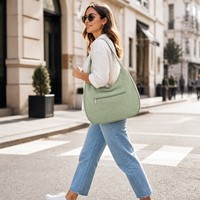 Tas Tote Hobo Kanvas Logo Kustom Multi Kantong untuk Wanita, 6 Kantong, Ritsleting Magnet, Tas Selempang Bulan Sabit untuk Sehari-hari