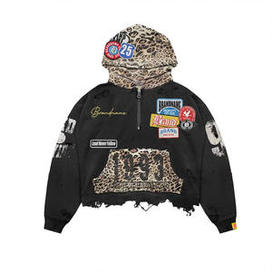 Sweat à capuche court en molleton ample personnalisé 100% coton, fermeture éclair, délavage acide, décoloration au soleil, strass, effet délavé, pour l'hiver - Product Image 6