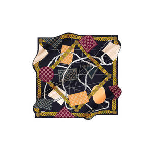 Navy Blue 100% Silk Vintage <b>Square</b> <b>Scarf</b> with Chain Pattern - Product Image 1